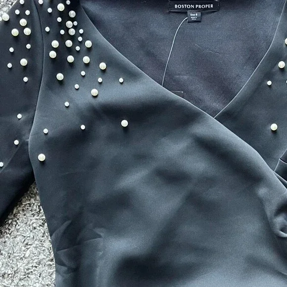 NWT Boston Proper Black Pearl Blouse & Headband Wmn 6 Embellished Romantic Paris - Picture 3 of 8